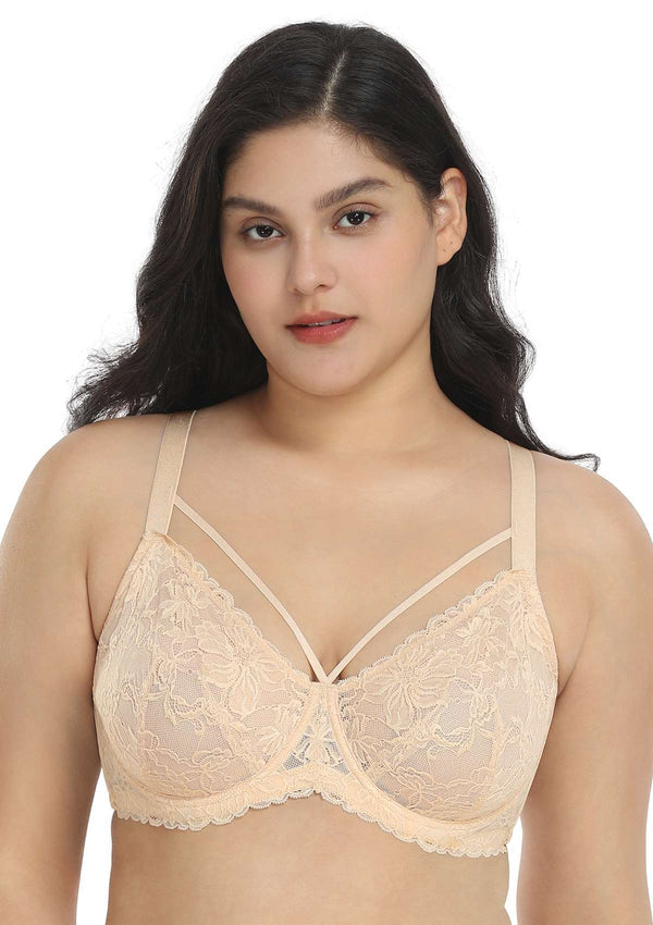 HSIA Pretty In Petals: Strappy Lace Sheer Bra For Side And Back Fat - Beige Cream / 44 / DD/E