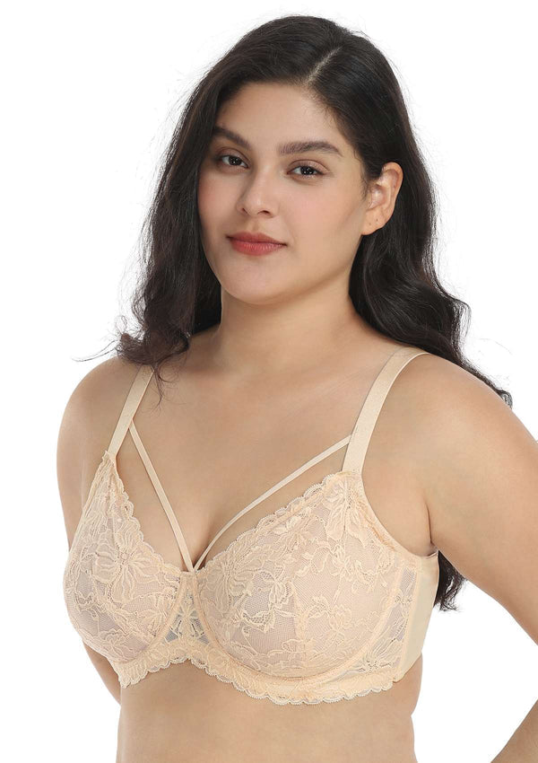 HSIA Pretty In Petals: Strappy Lace Sheer Bra For Side And Back Fat - Beige Cream / 42 / DD/E