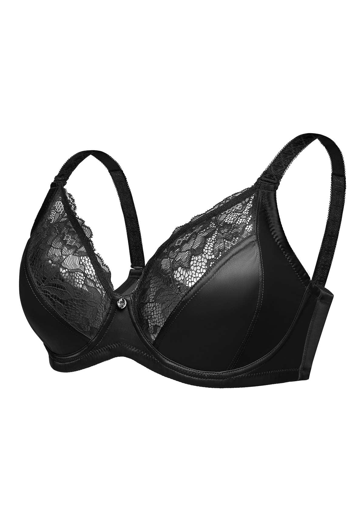 HSIA Foxy Satin Elegant Floral Lace Full Coverage Underwire Bra Set - Black / 38 / DDD/F