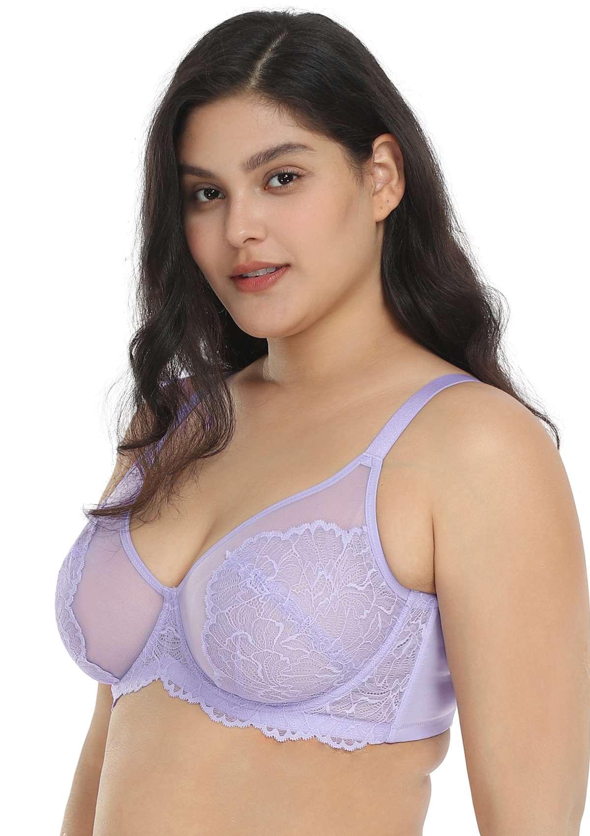HSIA Blossom Transparent Lace Bra: Plus Size Wired Back Smoothing Bra - Light Purple / 36 / H