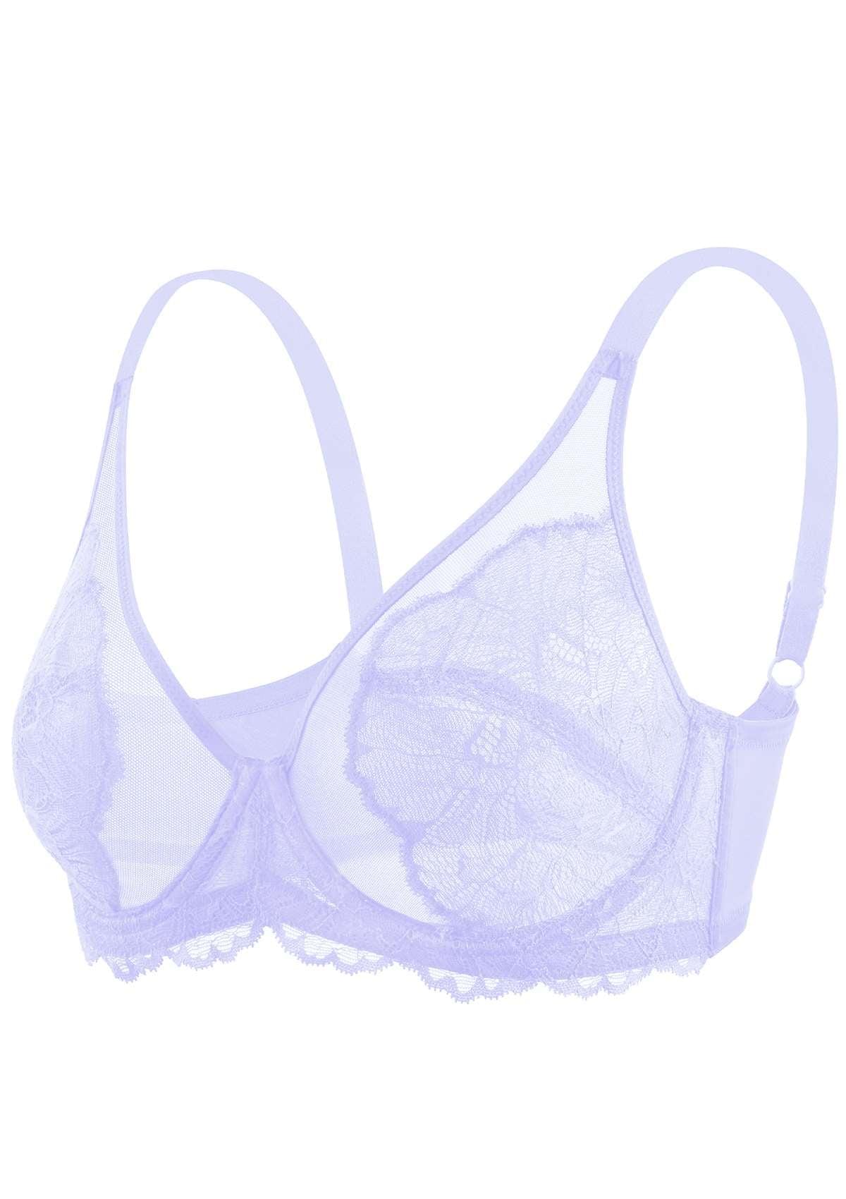 HSIA Blossom Transparent Lace Bra: Plus Size Wired Back Smoothing Bra - Light Purple / 36 / H