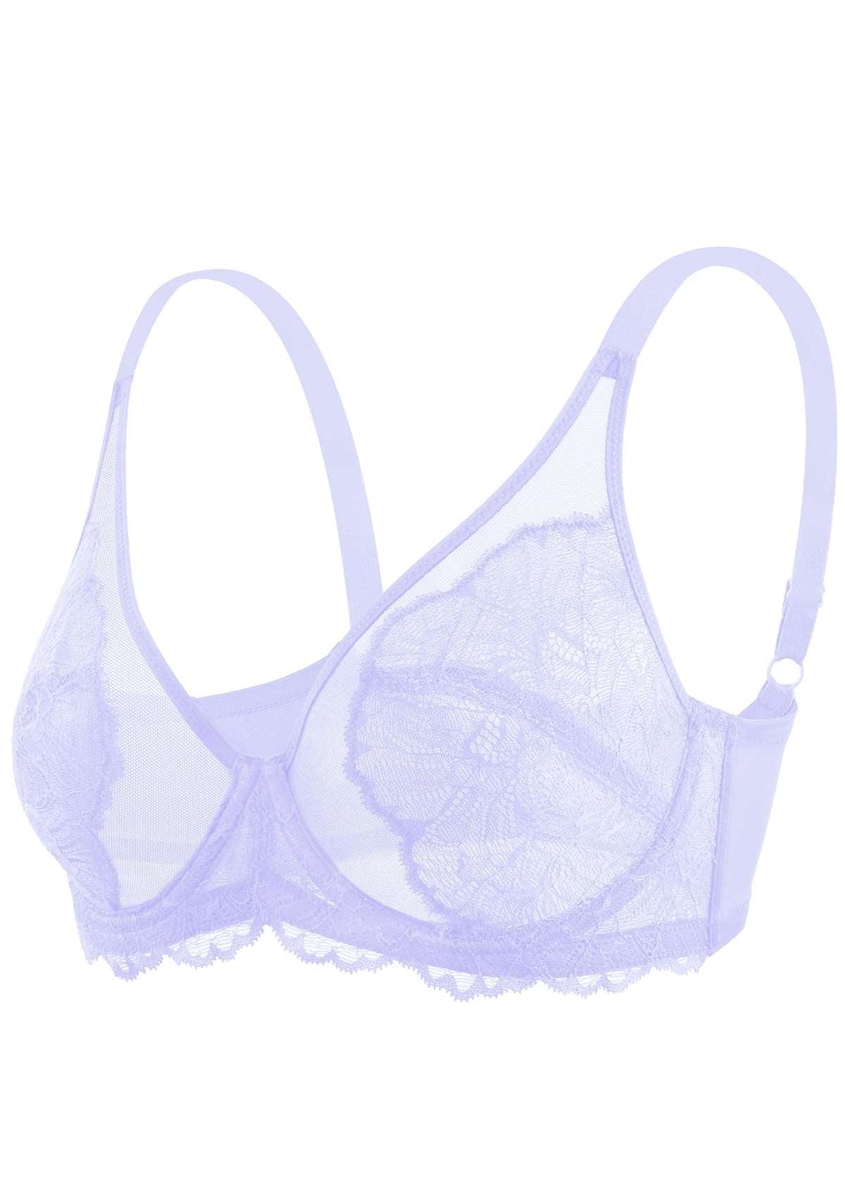 HSIA Blossom Transparent Lace Bra: Plus Size Wired Back Smoothing Bra - Light Purple / 42 / DDD/F