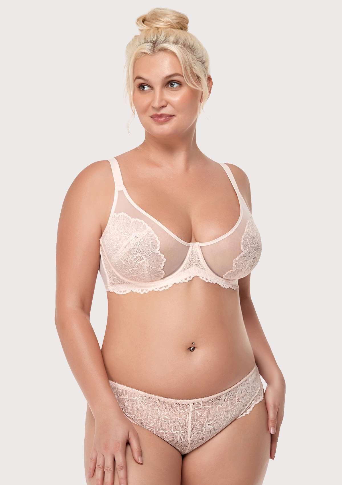 HSIA Blossom Matching Lacey Underwear And Bra Set: Sexy Lace Bra - Dusty Peach / 42 / D