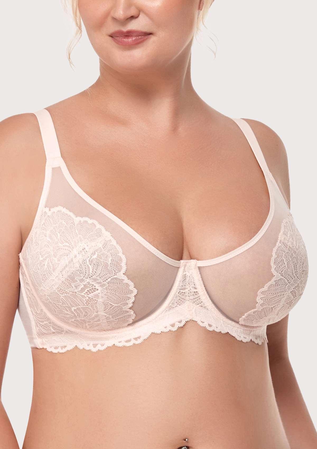 HSIA Blossom Matching Lacey Underwear And Bra Set: Sexy Lace Bra - Dusty Peach / 42 / DD/E