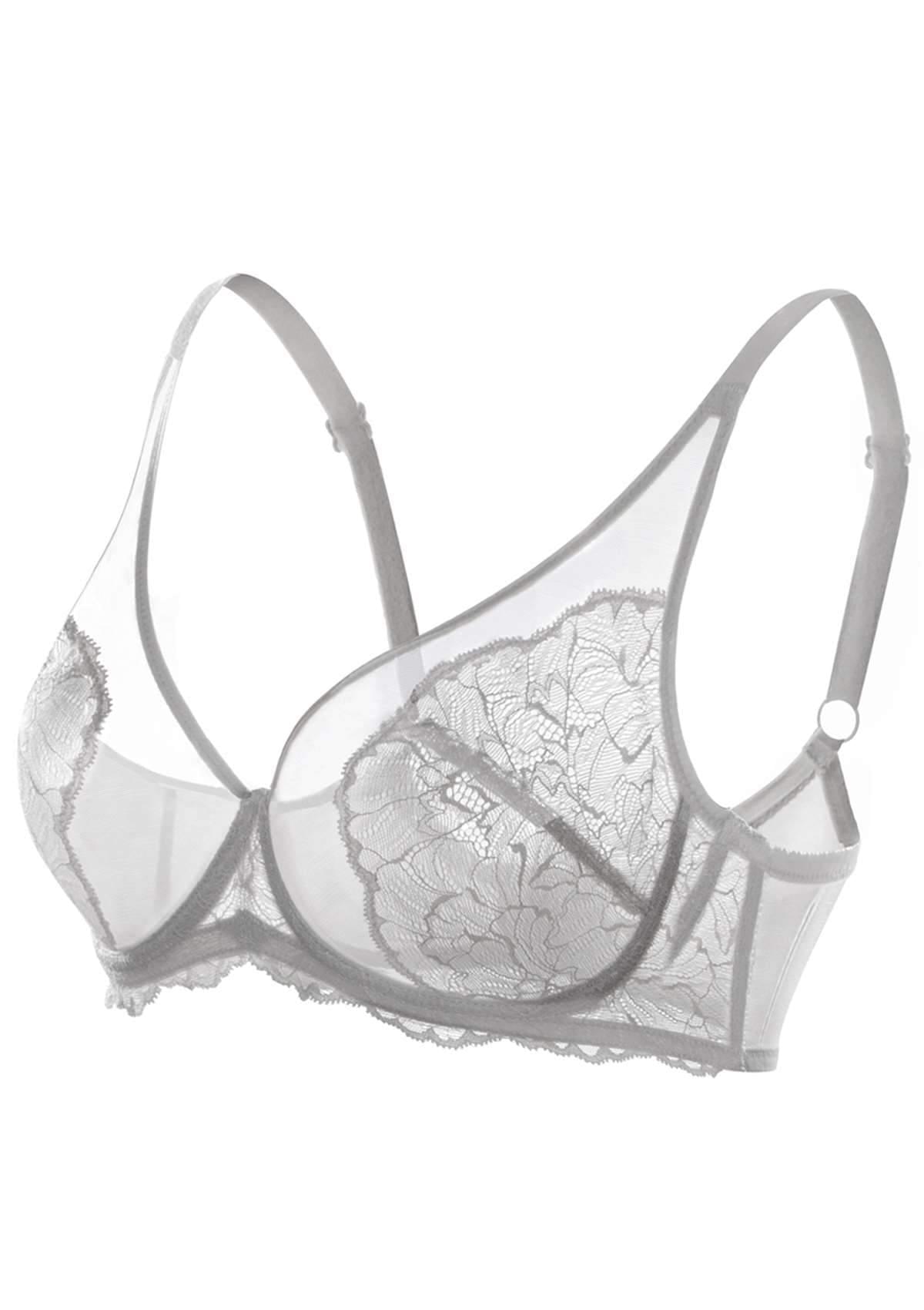 HSIA Blossom Unlined Underwire Lightweight Everyday Lace Bra Set - Light Gray / 34 / DD/E