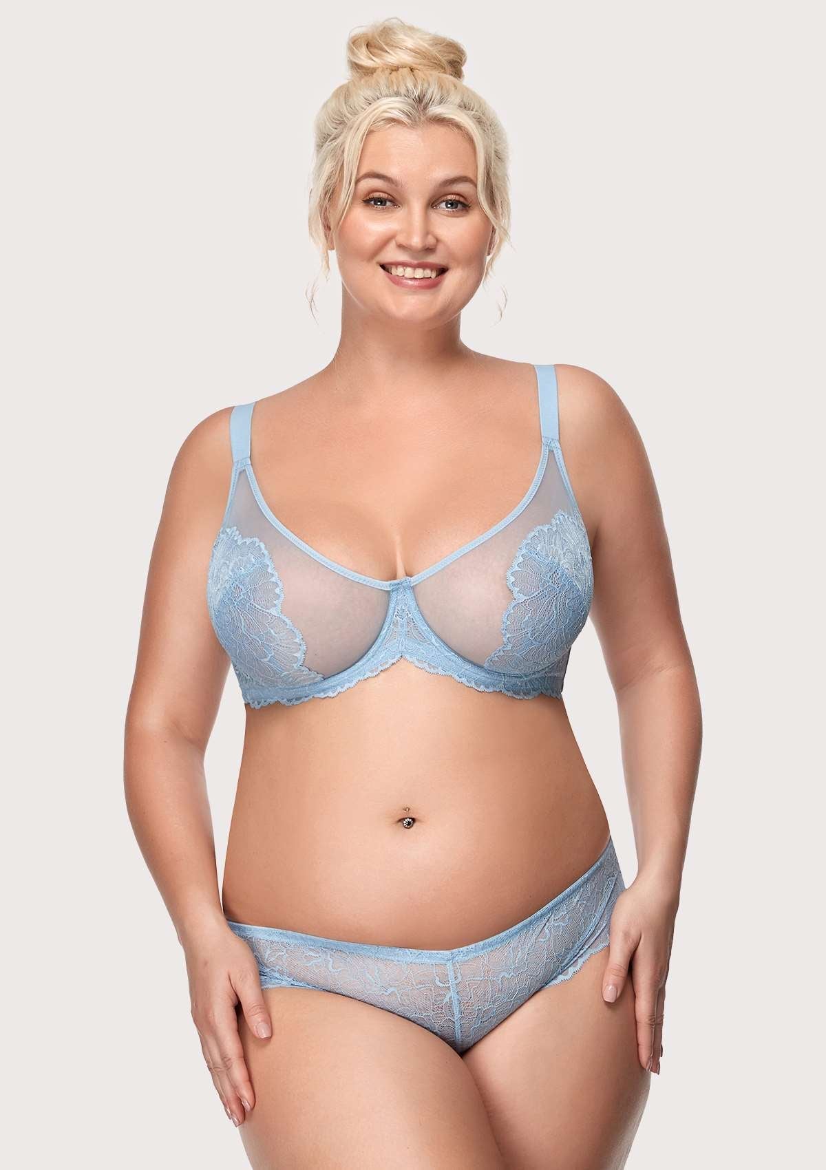 HSIA Blossom Full Coverage Supportive Unlined Underwire Bra Set - Storm Blue / 42 / DD/E