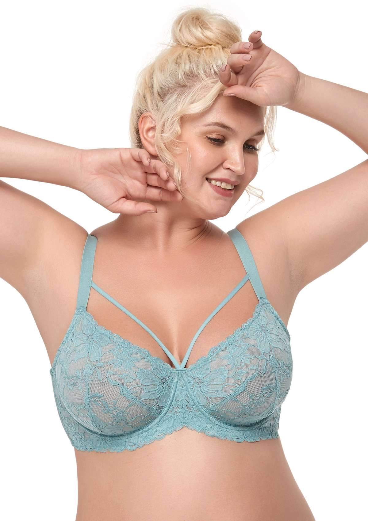 HSIA Pretty In Petals Unlined Lace Bra: Comfortable And Supportive Bra - Pewter Blue / 42 / DD/E
