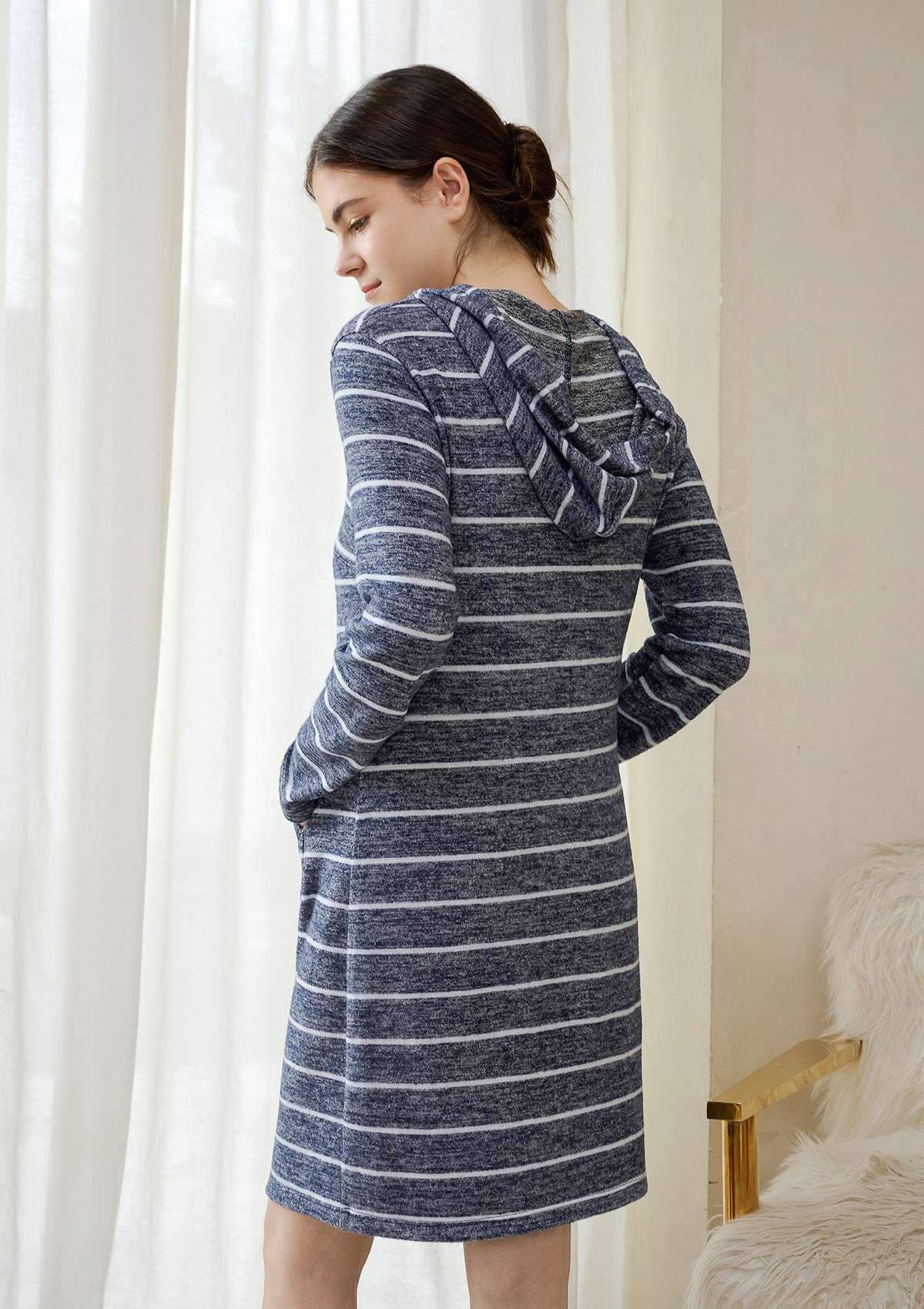 HSIA Brushed Hoodie Striped Sleepshirt - L / Gray