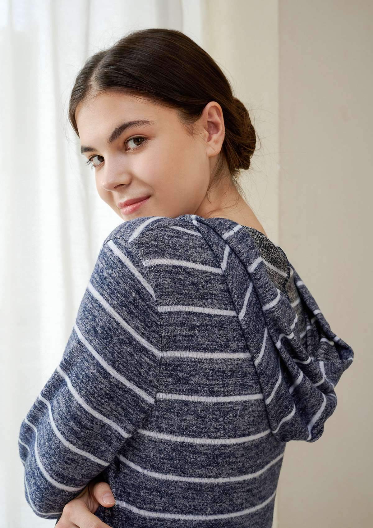 HSIA Brushed Hoodie Striped Sleepshirt - S / Gray