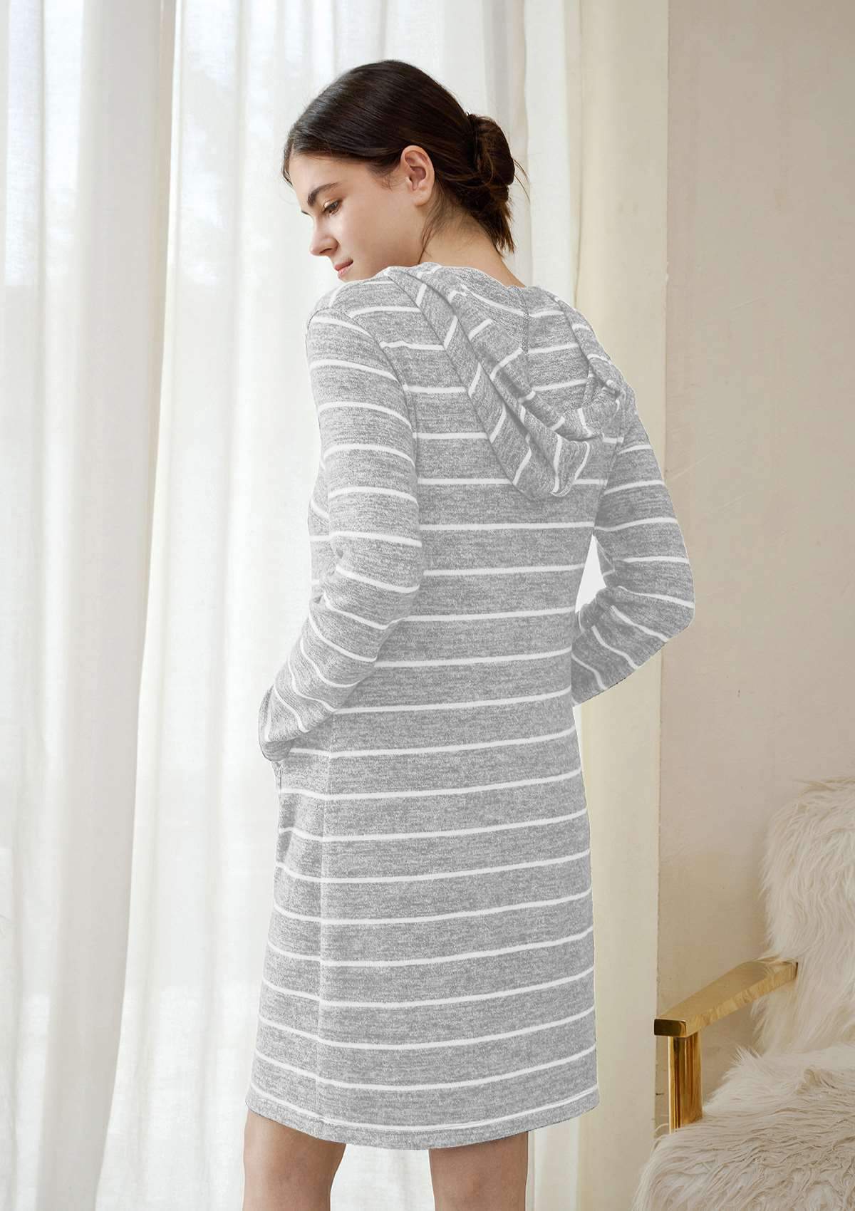 HSIA Brushed Hoodie Striped Sleepshirt - L / Gray