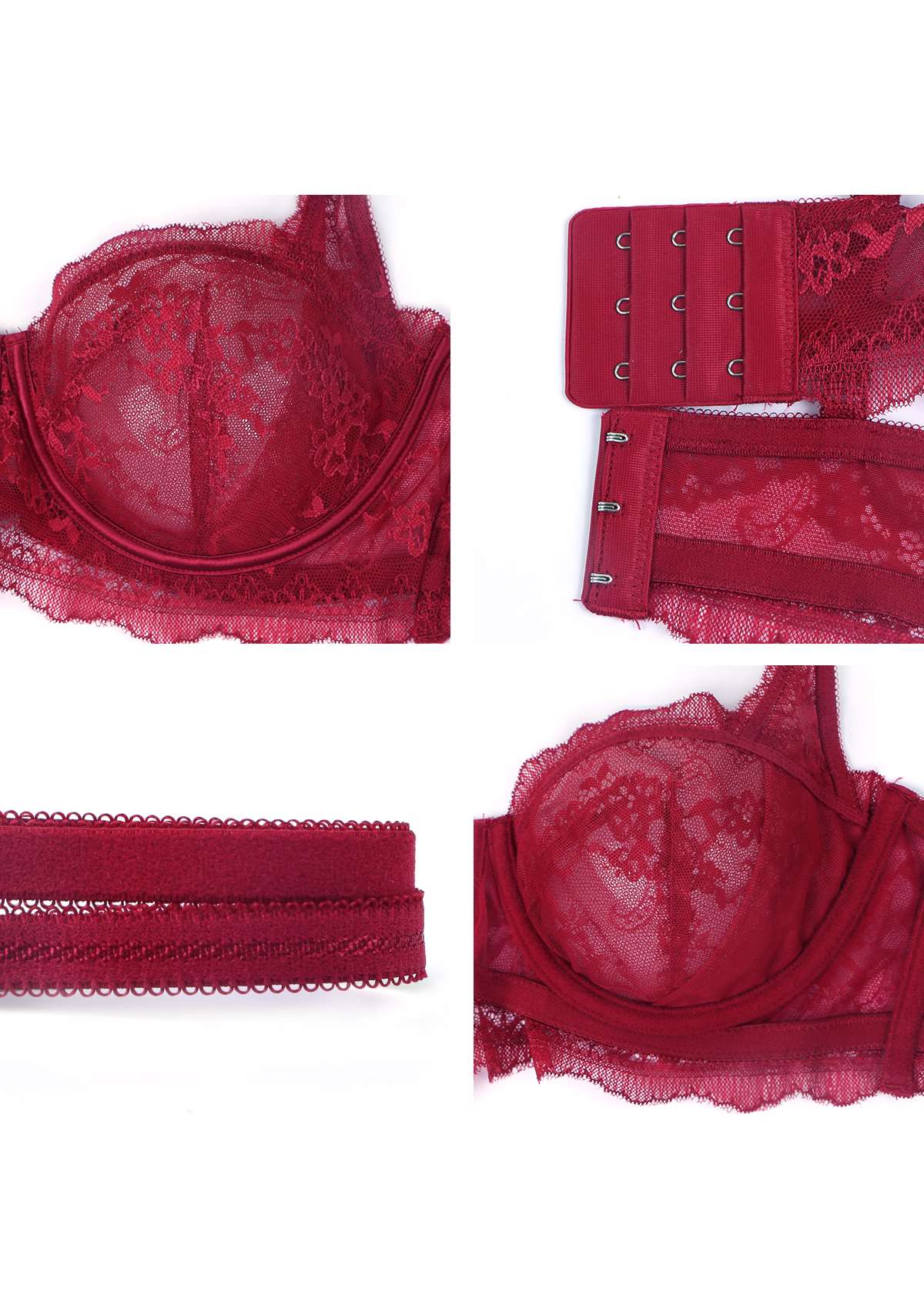 HSIA Floral Lace Unlined Bridal Balconette Bra Set - Supportive Classic - Burgundy / 34 / DDD/F