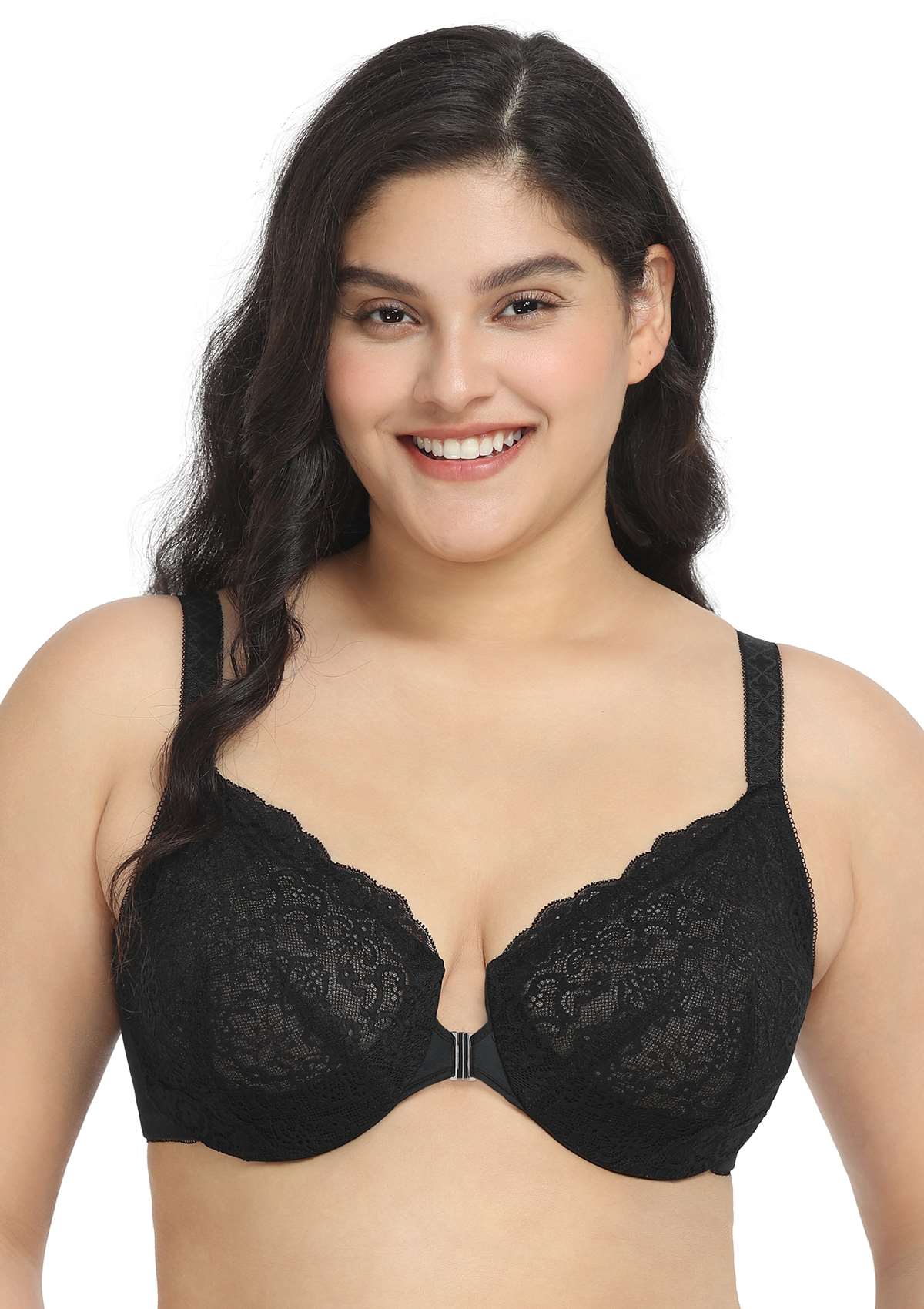 HSIA Nymphaea Front-Close Unlined Retro Floral Lace Back Smoothing Bra - Black / 34 / H