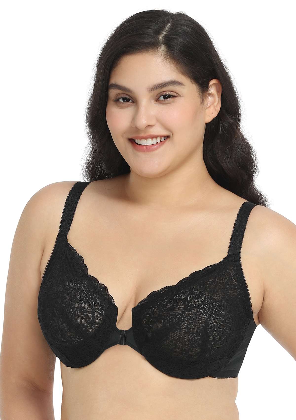 HSIA Nymphaea Front-Close Unlined Retro Floral Lace Back Smoothing Bra - Black / 34 / H