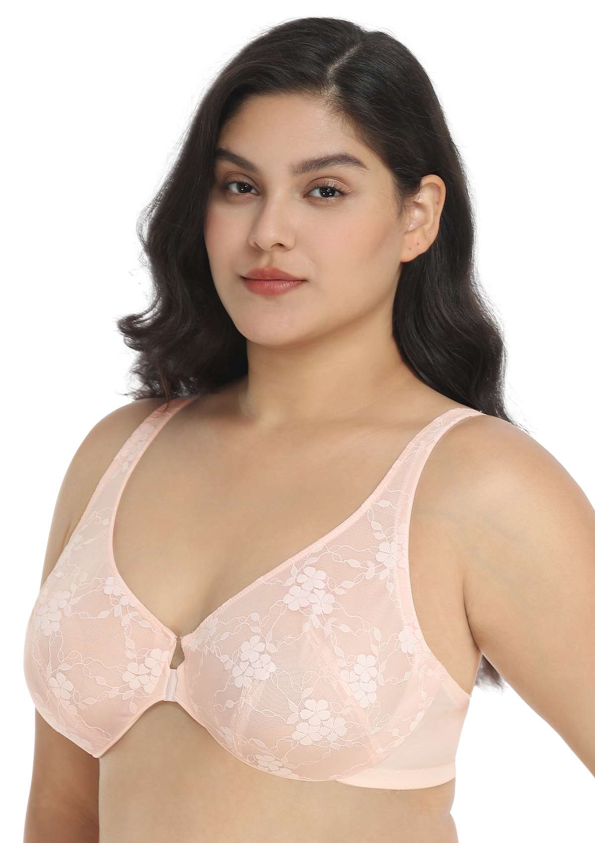 HSIA Spring Romance Front-Close Floral Lace Unlined Full Coverage Bra - Dusty Peach / 34 / H