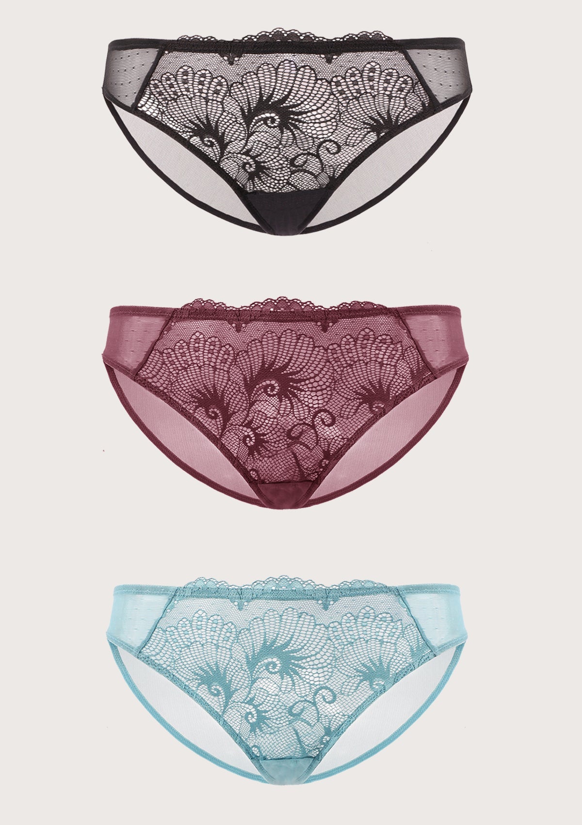 HSIA Front Lace Bikini Panties 3 Pack - S / Black+Burgundy+Crystal Blue