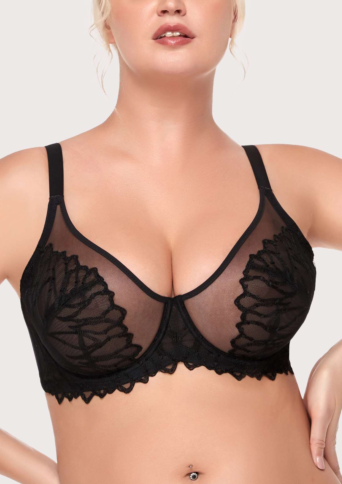 HSIA Chrysanthemum Unlined Lace Bra: Underwire Bra, No Padding - Black / 32 / C