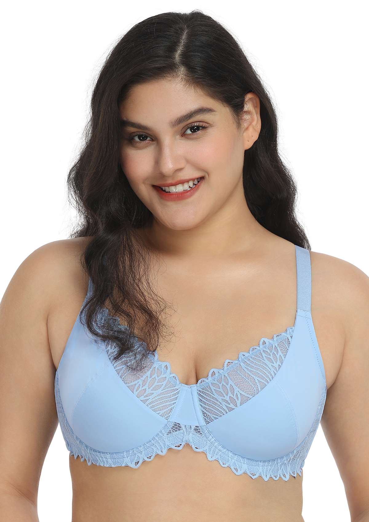 HSIA Pretty Secrets Lace-Trimmed Full Coverage Underwire Bra For Support - Light Blue / 42 / D