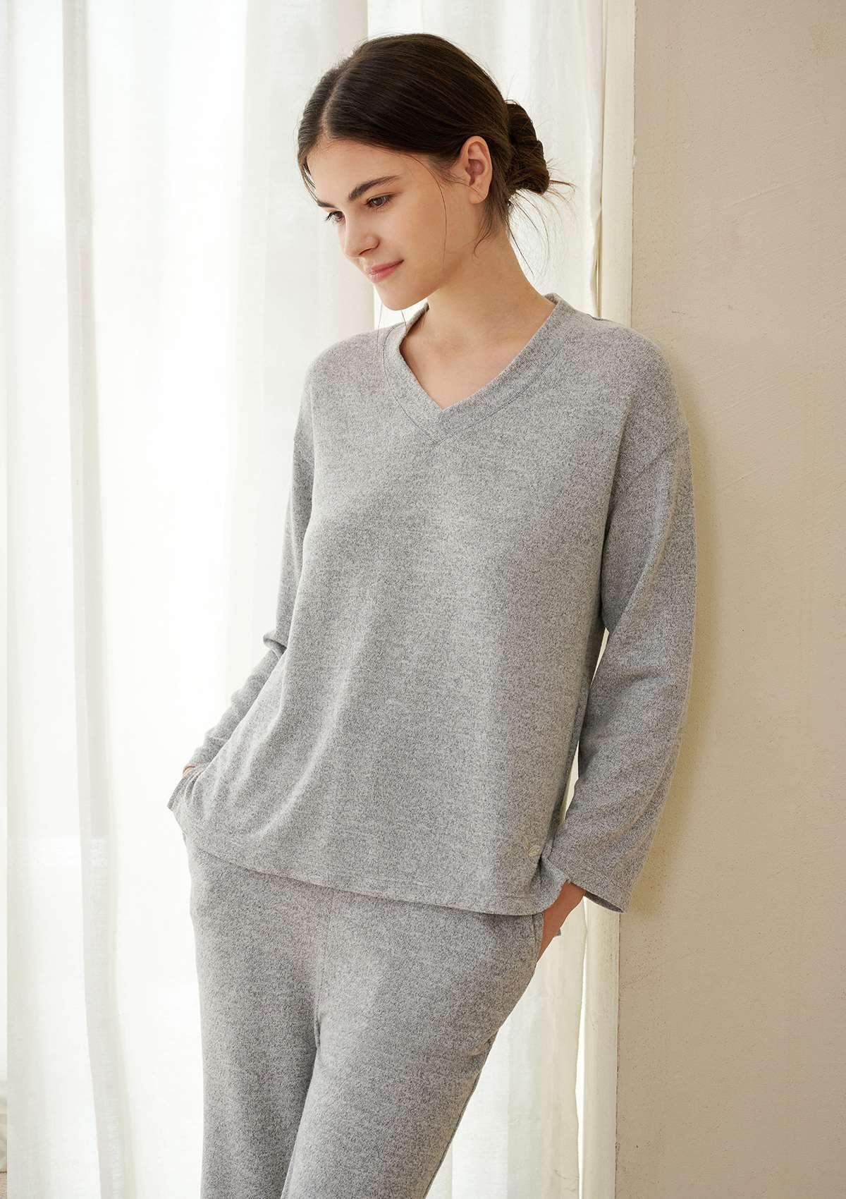 HSIA Knit Long Sleeve Pajama Set - Set / XL / Gray