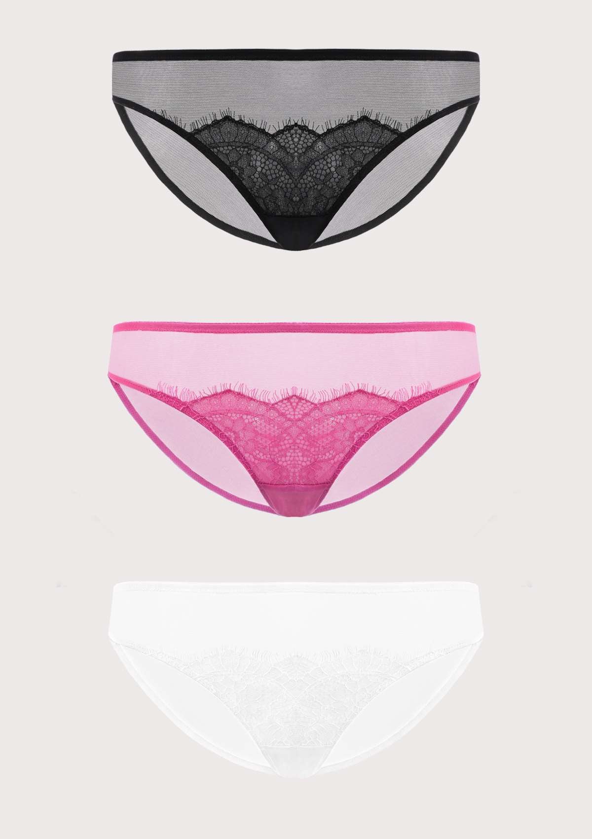 HSIA Mesh Eyelash Lace Bikini Panties 3 Pack - M / Black+Pink+White