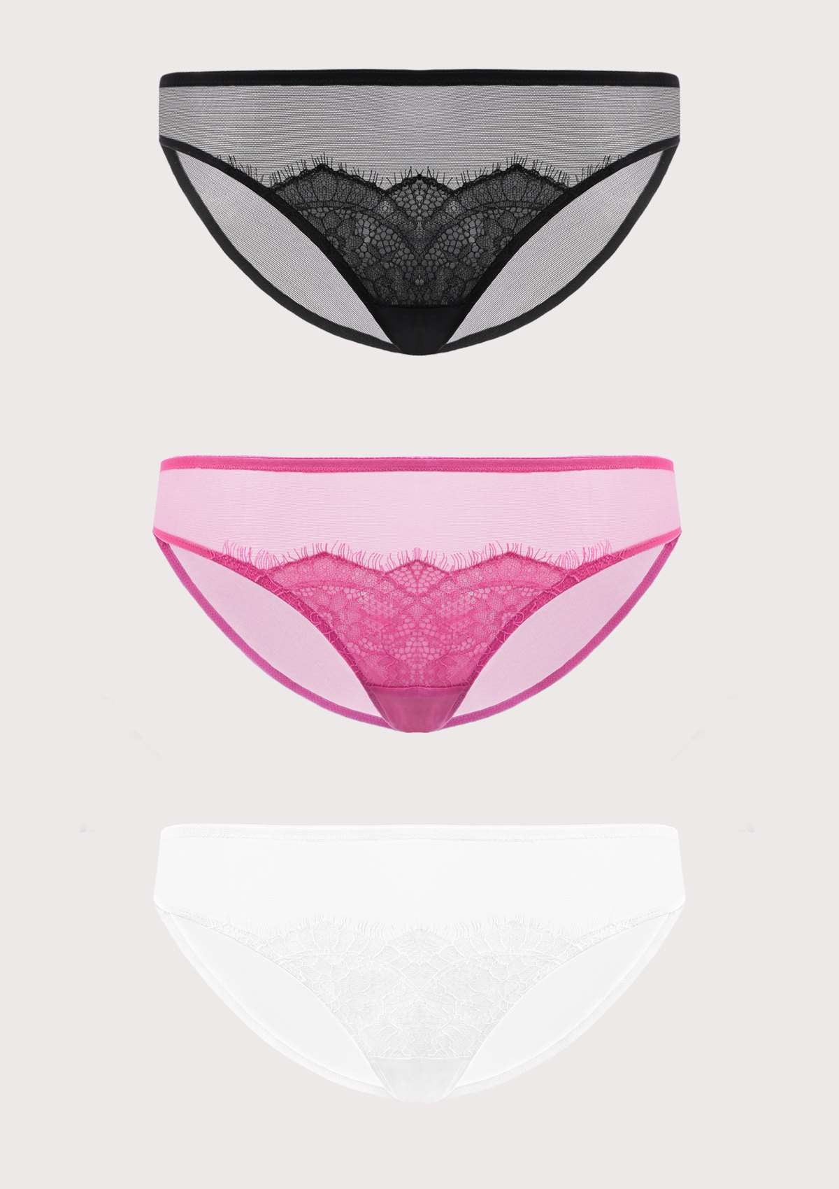 HSIA Mesh Eyelash Lace Bikini Panties 3 Pack - S / Black+Pink+White