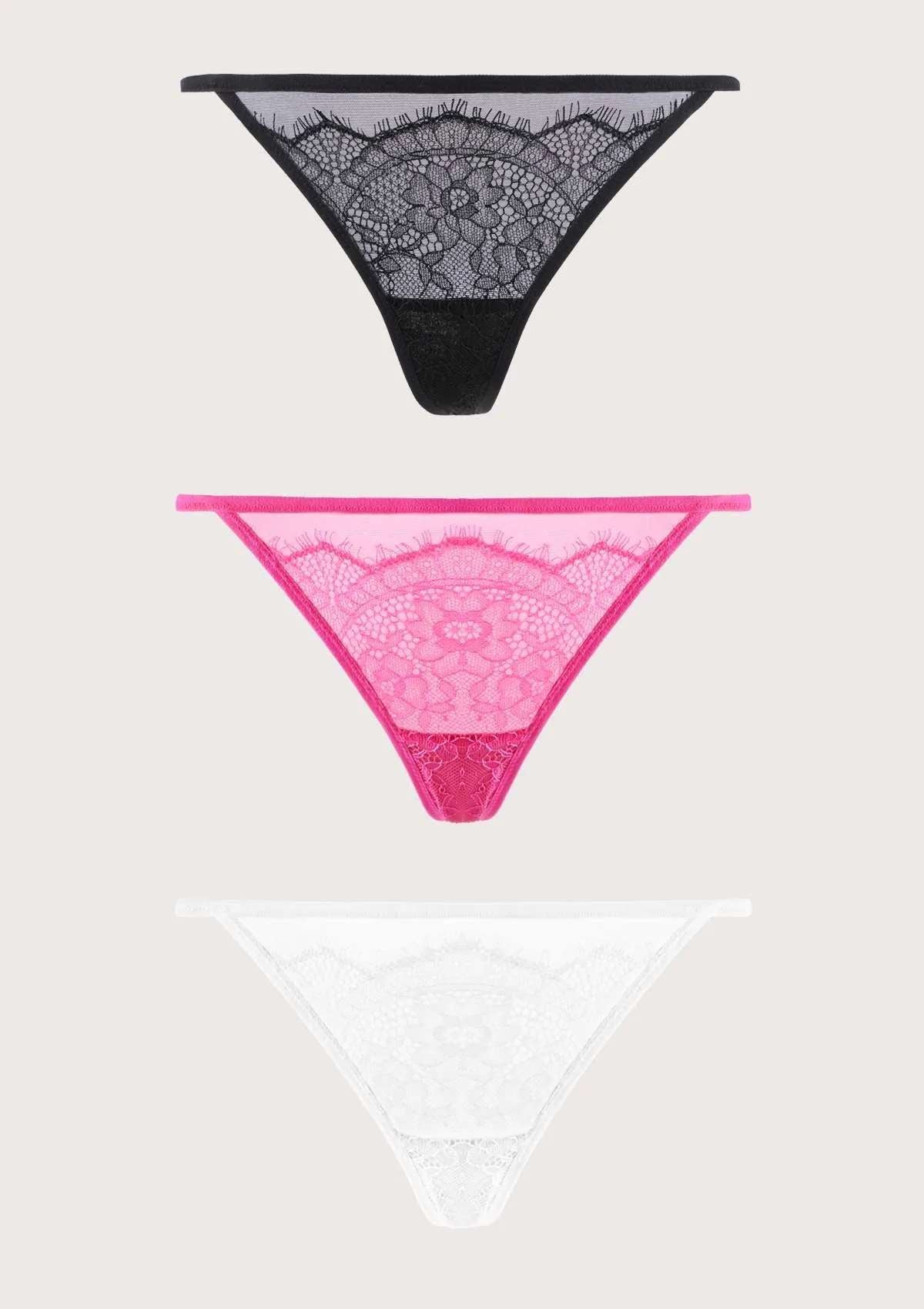 HSIA Mesh Eyelash Lace String Thongs 3 Pack - L / Black+Pink+White