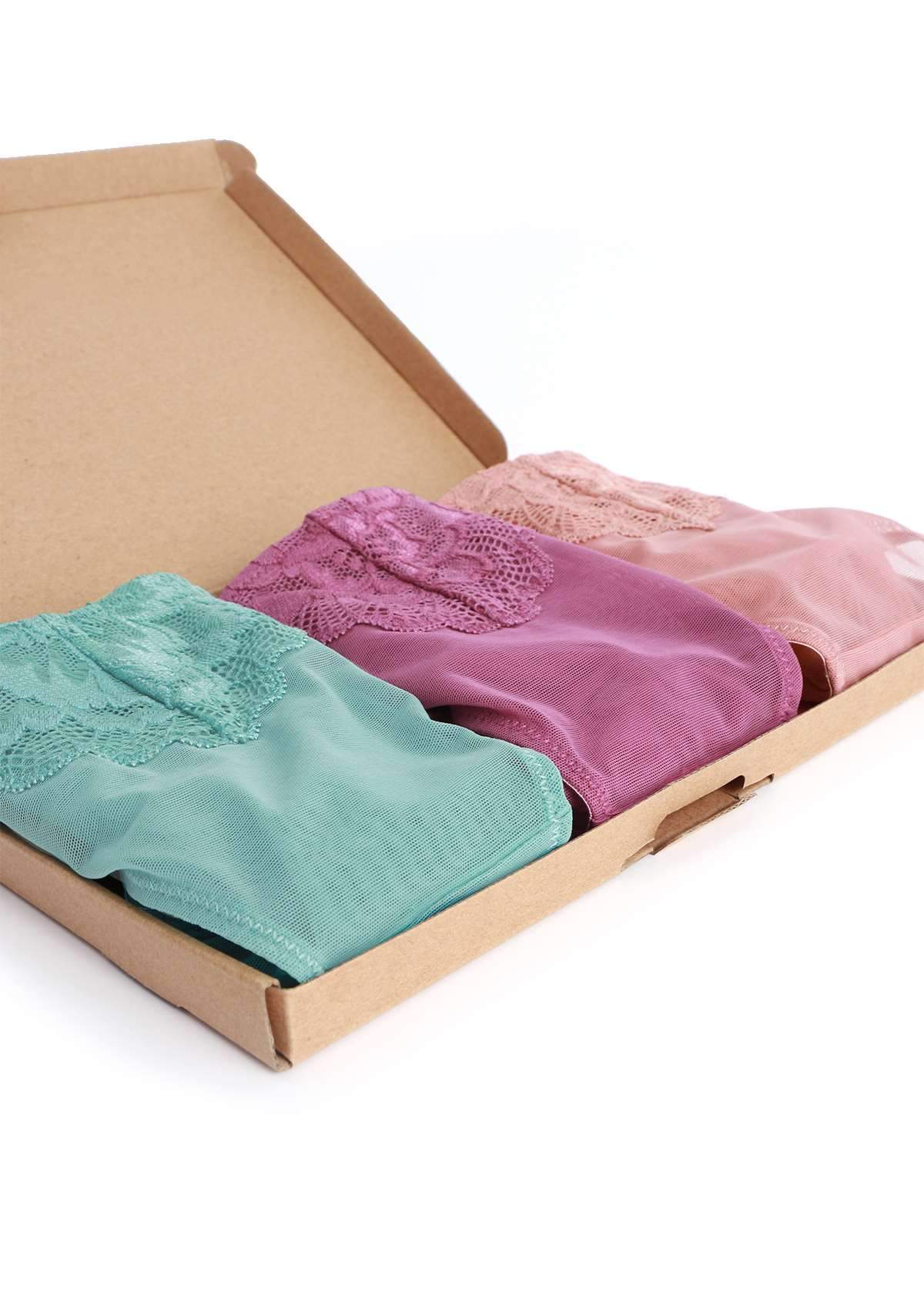 HSIA Peony Lace Mesh Everyday Bikini Underwear 3 Pack - M / Light Coral+Green+Purple