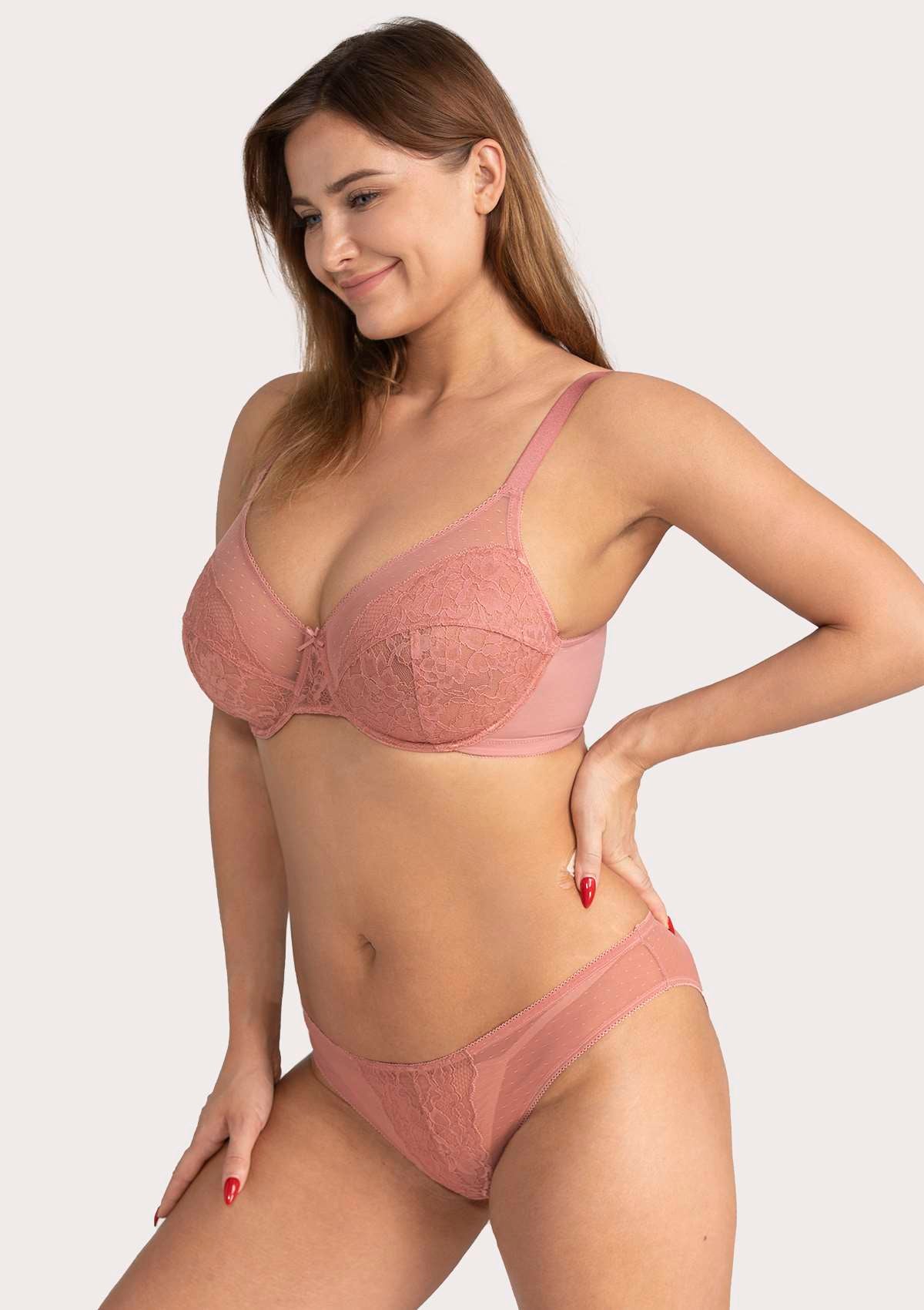 HSIA Enchante Lace Panties And Bra Set: Underwire Bra No Padding - Light Coral / 38 / DDD/F