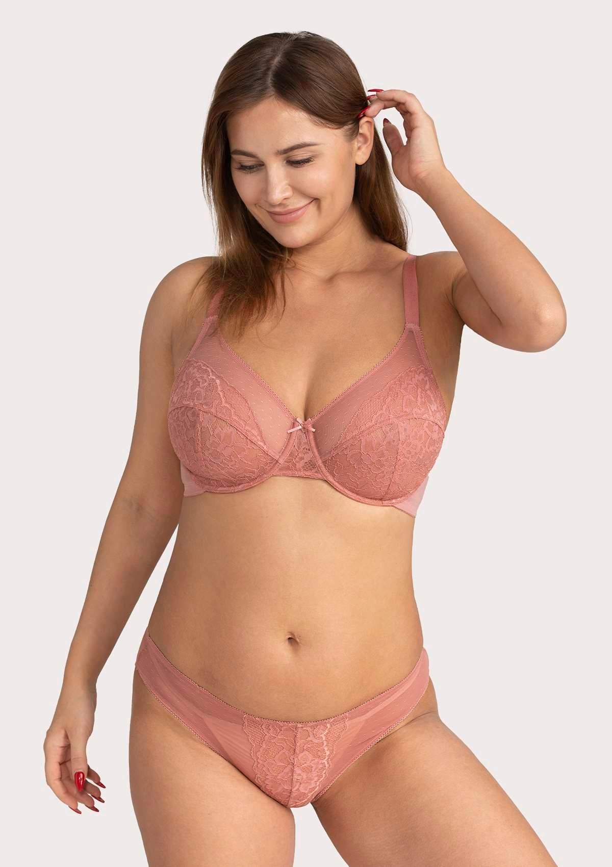 HSIA Enchante Lace Panties And Bra Set: Underwire Bra No Padding - Light Coral / 44 / DDD/F