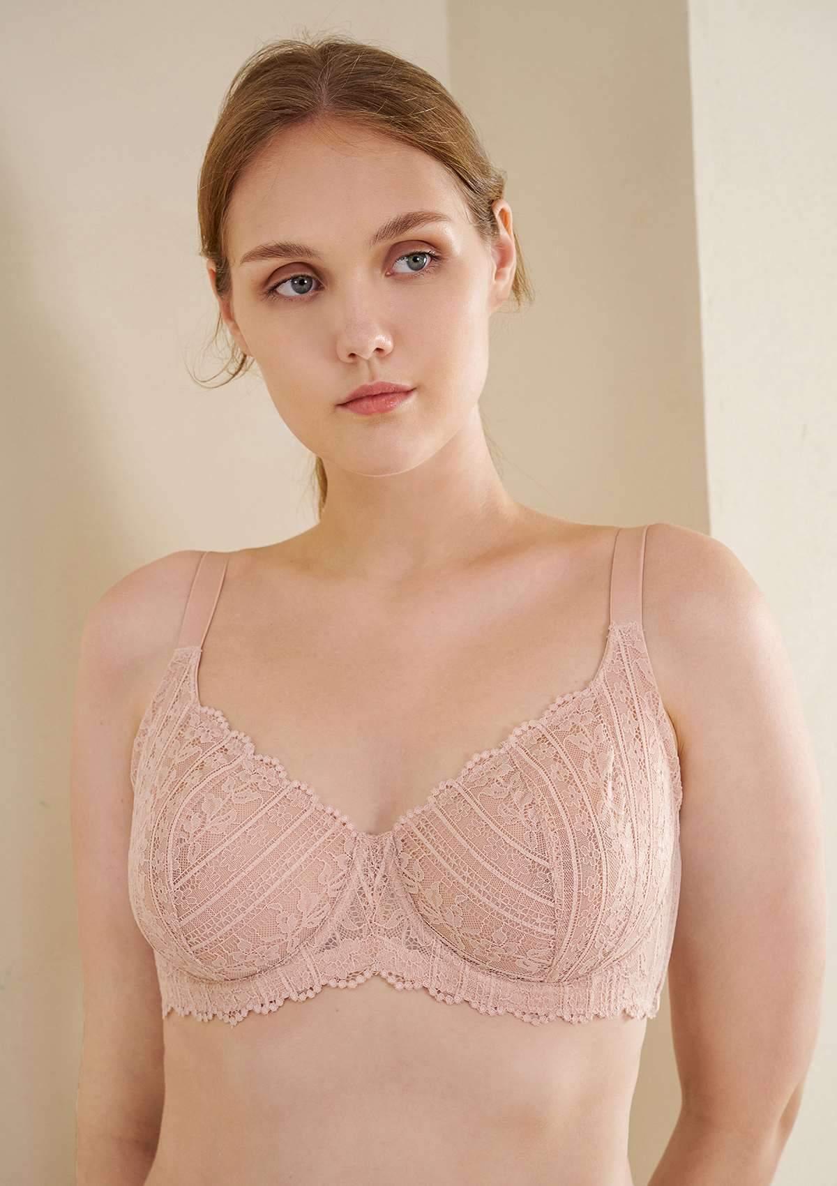 HSIA Vertical Lace Up Bra: Plus Size Back Smoothing Bra - Light Pink / 34 / D