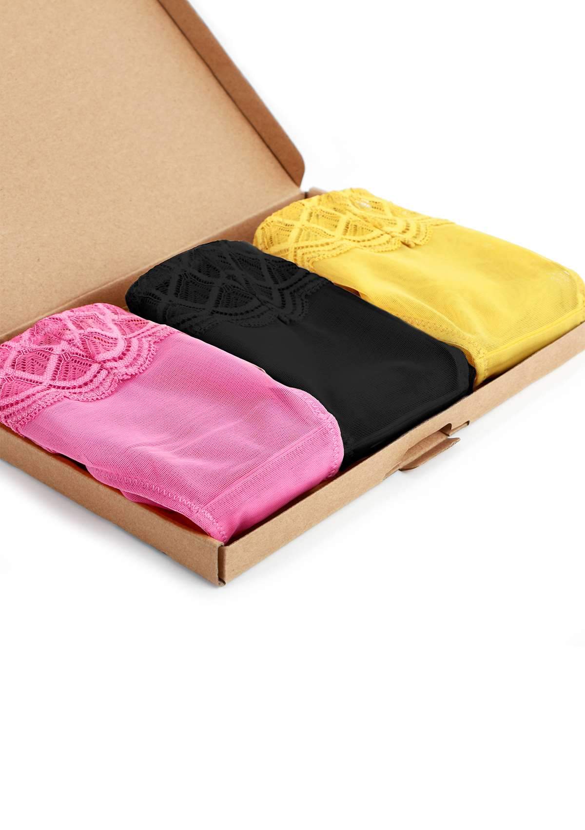 HSIA Plaid Lace Bikini Panties 3 Pack - S / Black+Yellow+Pink