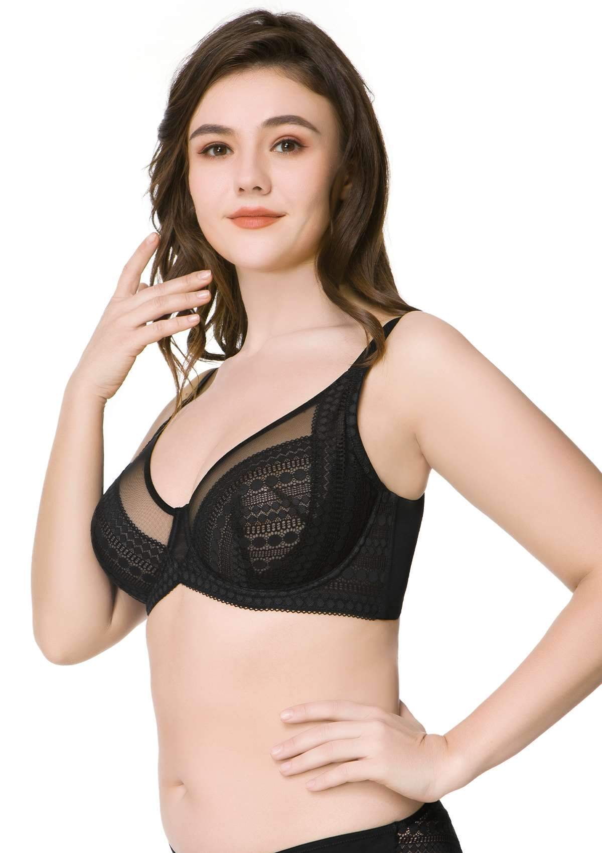 HSIA Heroine Matching Bra And Panties: Unlined Lace Unpadded Bra - Black / 42 / DDD/F