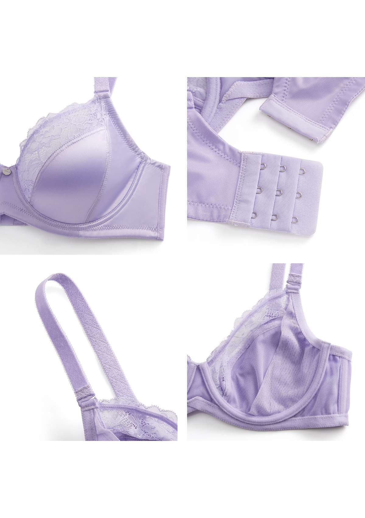HSIA Foxy Satin Smooth Floral Lace Full Coverage Underwire Bra Set - Purple / 34 / C