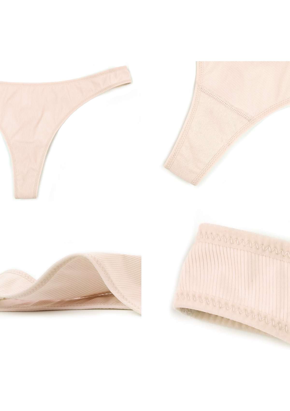 HSIA Ribbed Knit Cotton Thong Underwear 3 Pack - L / Black+White+Pink Beige