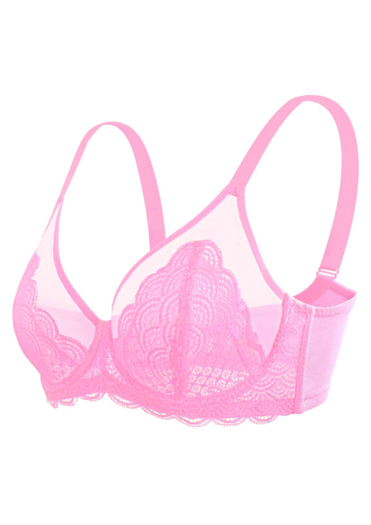 HSIA Mermaid Scales Sheer Lace Bra: Unlined Mesh Bra - No Back Fat Bra - Pink / 34 / H