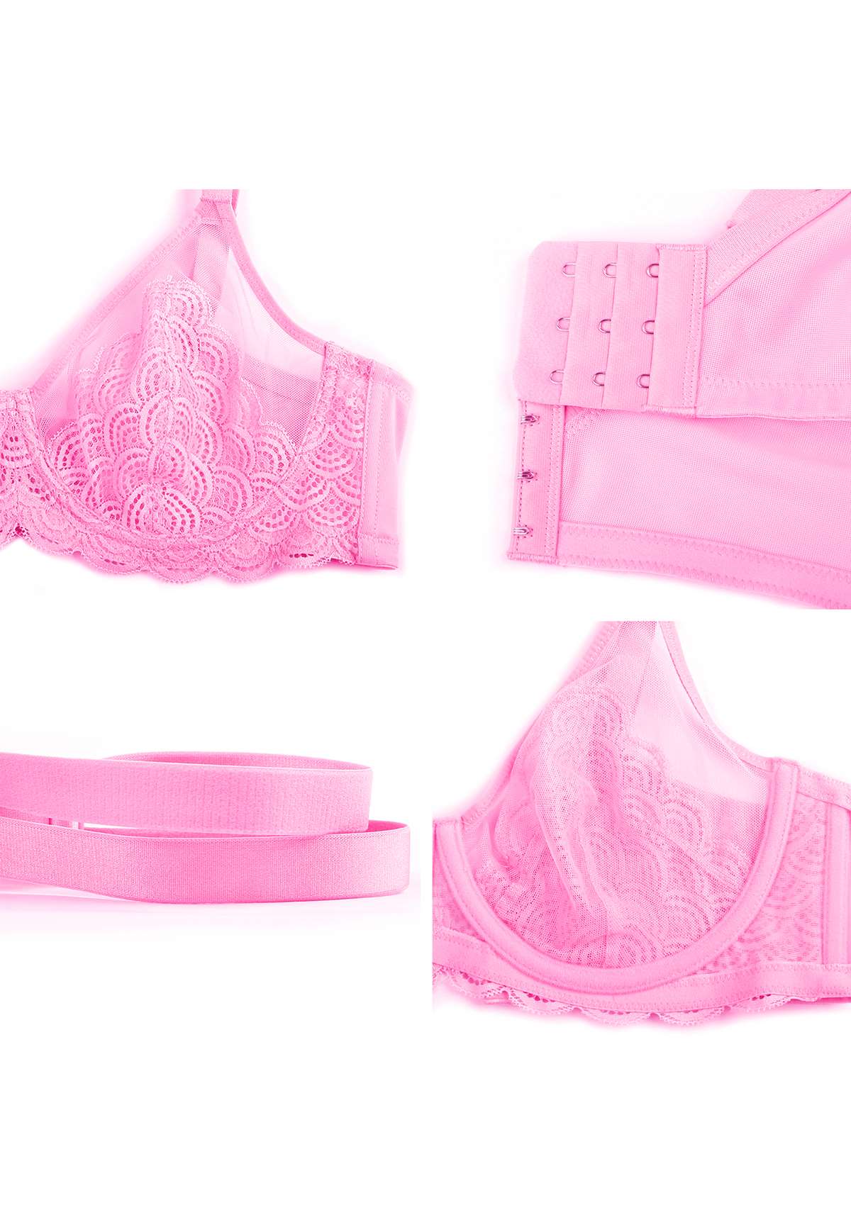 HSIA Mermaid Scales Sheer Lace Bra: Unlined Mesh Bra - No Back Fat Bra - Pink / 34 / DDD/F