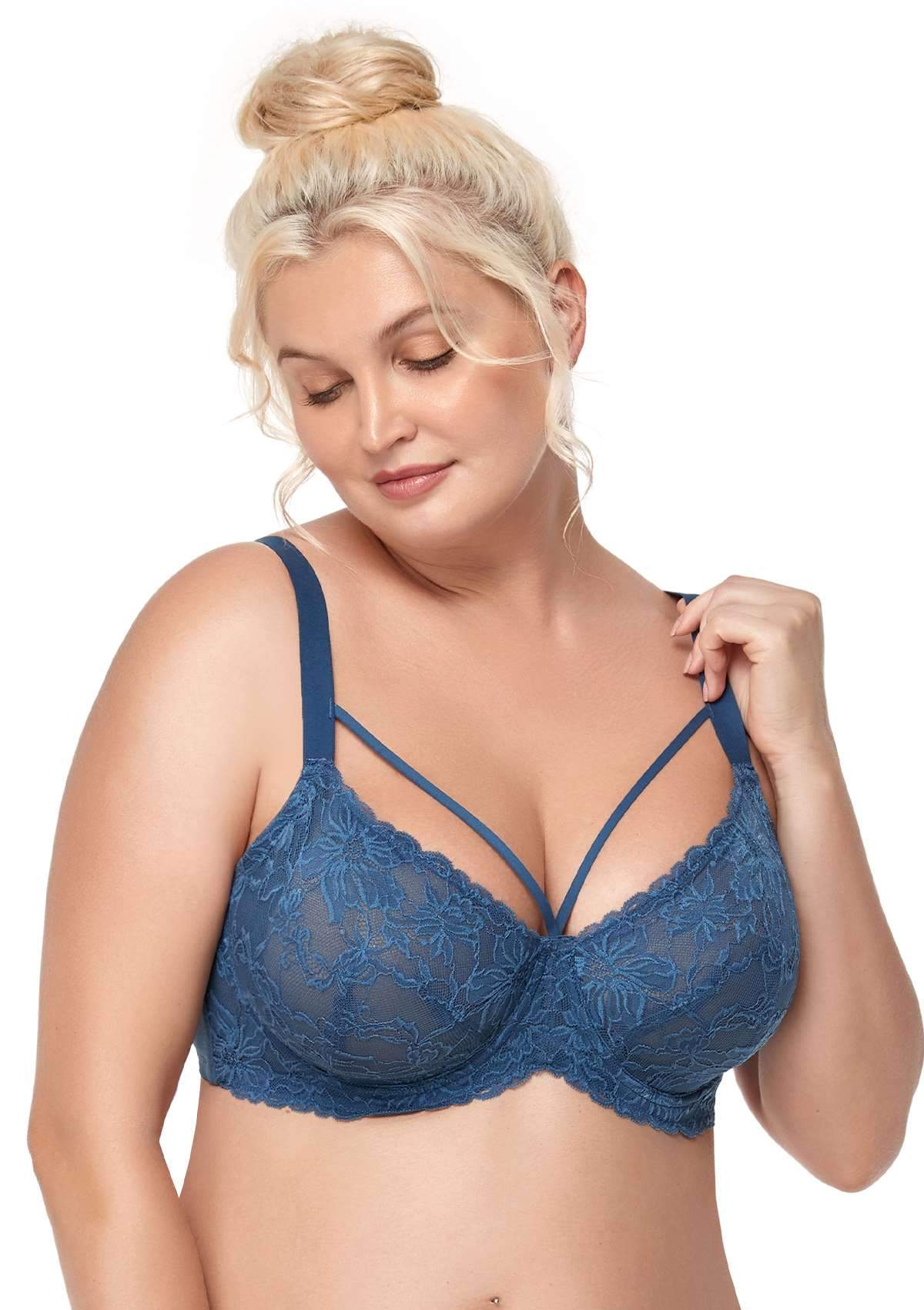 HSIA Pretty In Petals Unlined Supportive Lightweight Lace Mesh Bra Set - Dark Blue / 36 / C