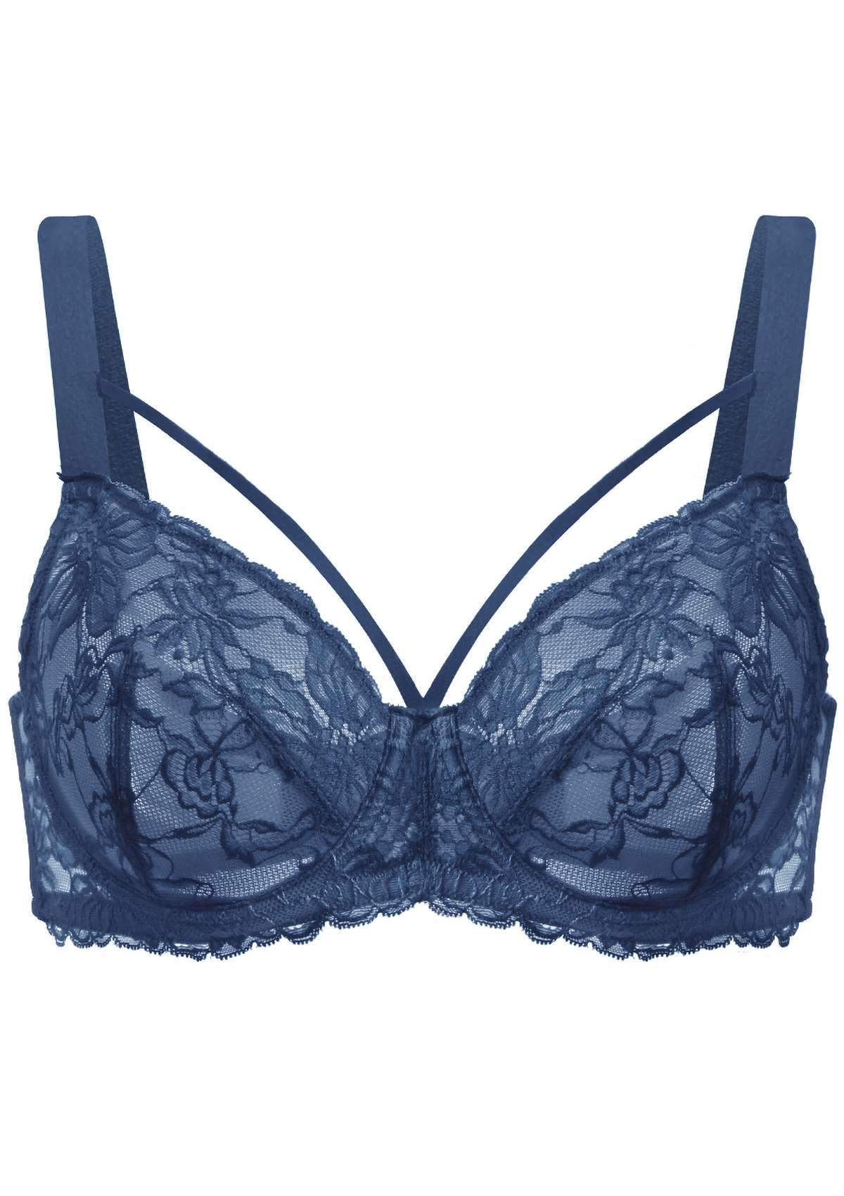 HSIA Pretty In Petals Unlined Supportive Lightweight Lace Mesh Bra Set - Dark Blue / 38 / C