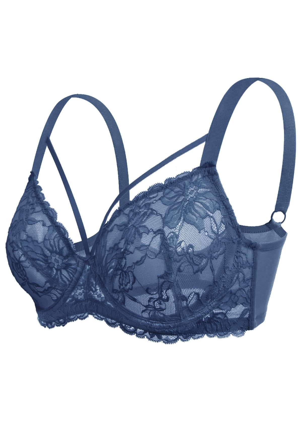 HSIA Pretty In Petals Unlined Supportive Lightweight Lace Mesh Bra Set - Dark Blue / 34 / C