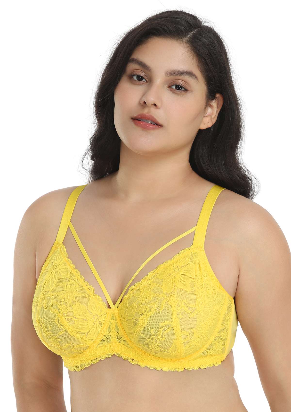 HSIA Unlined Lace Mesh Minimizer Bra For Large Breasts, Full Coverage - Bright Yellow / 46 / C