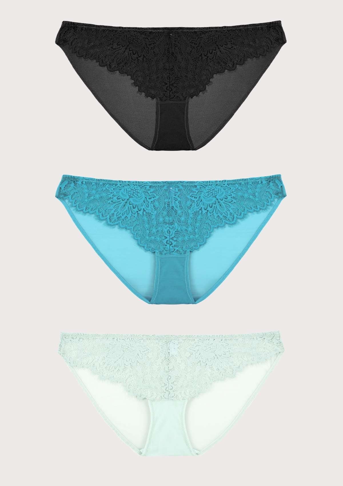 HSIA Sunflower Exquisite Lighweight Soft Lace Bikini Panties 3 Pack - M / Black+Horizon Blue+Pink