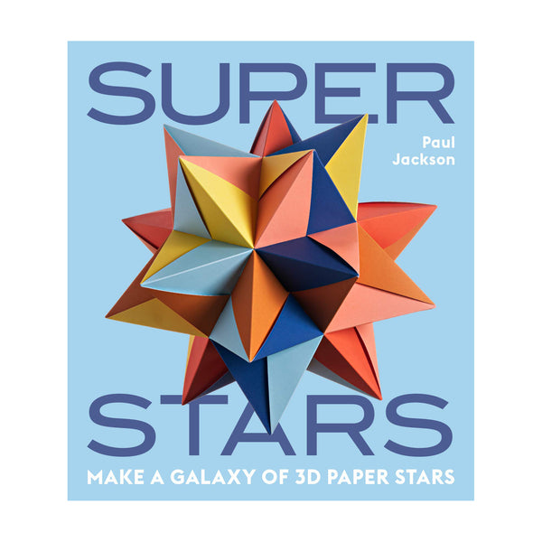 'Super stars' box cover. Light blue backgroud with the title split running across the top and bottom in navy blue. There is a 3D origami geometric star made from light blue, navy blue, yellow and orange paper is in the background.