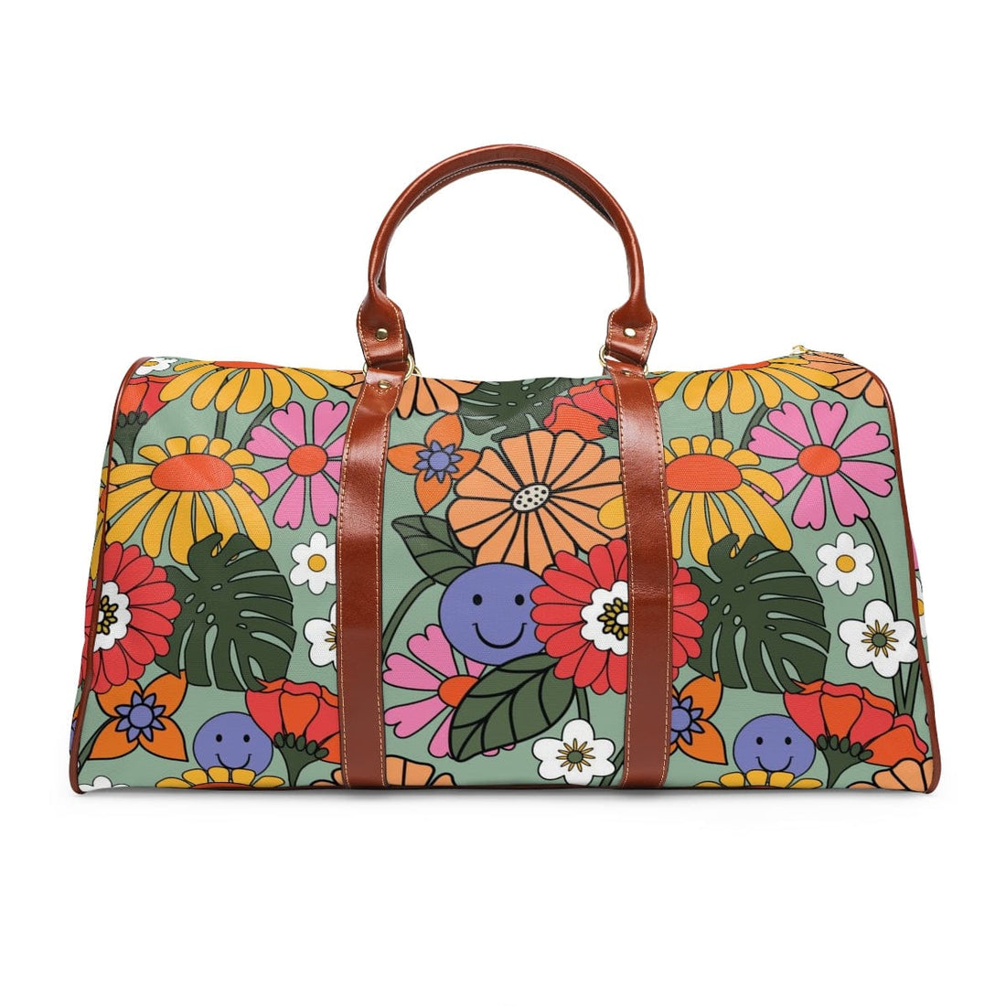 Flower Power Groovy Travel Bag, Weekender, Hipster Mod Daisy, Brown,  Orange, Green, Hippie, 70's Style, Waterproof Travel Bag - 7599343468699