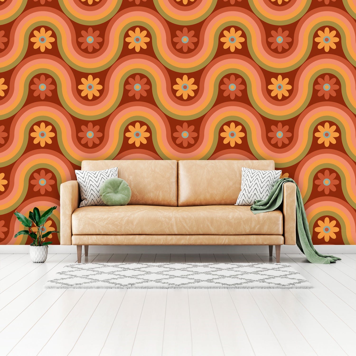 Retro 70's Flower Power, Wall Paper, Peel And Stick, Funky Orange