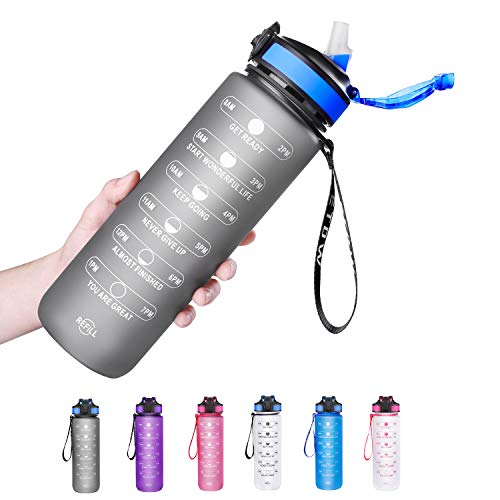 ETDW 1Litre Water Bottle with Time Markings 100% BPA Free Tritan Material, 1L Gym Water Bottle with Straw, 1000ml Hydration Water Bottle for Weight Loss, Appetite Control, and Overall Health GRAY
