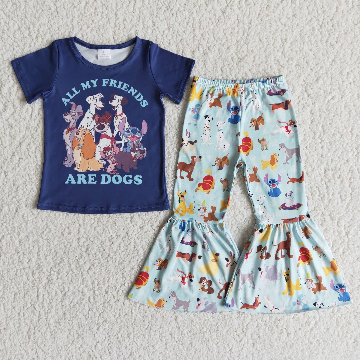 All my friends are dogs blue shirt bell bottom pants outfits kids boutique clothing