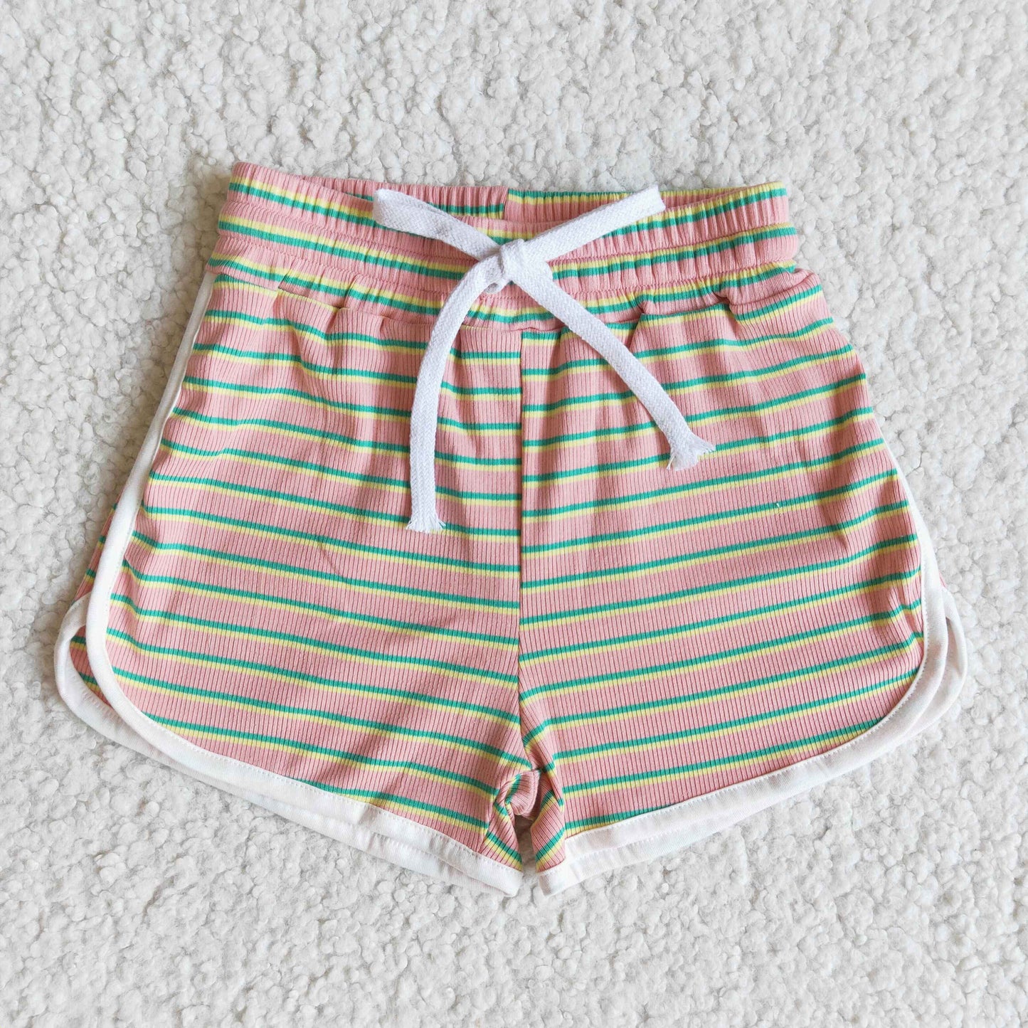 High quanlity cotton pink stripe drawstring girls summer shorts