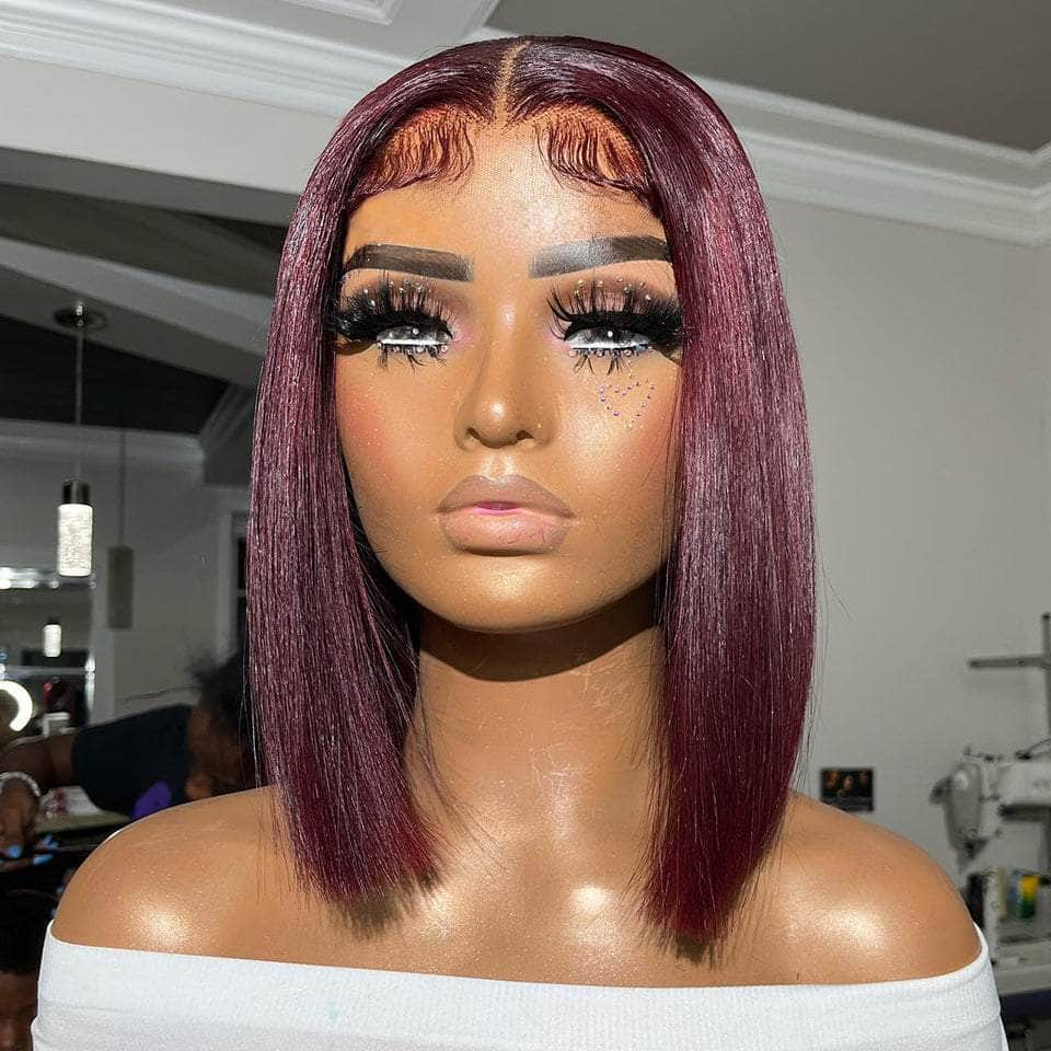 Pre-plucked Burgundy Straight Bob Lace Frontal Wig