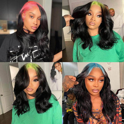 Billie Eilish Style Deep Part Green Pink Blue Roots On Black Hair Body Wave  13*6 Lace Front Wig | Slovehair-Shop | Reviews On Judge.Me