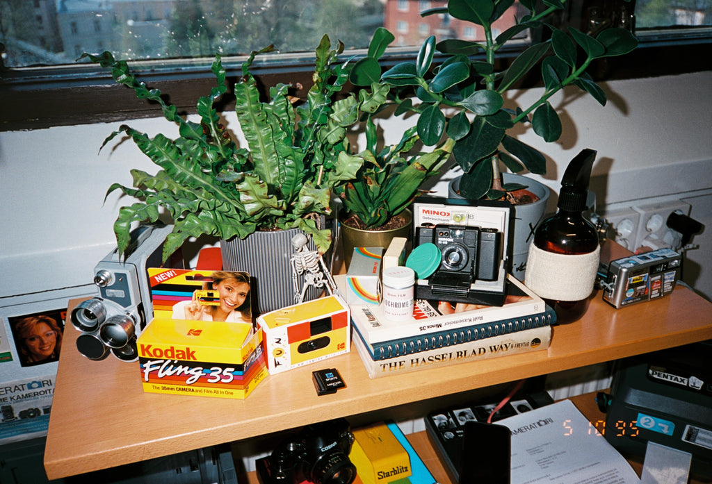 film photo using a flash of a desk with plants and other kodak and film related products