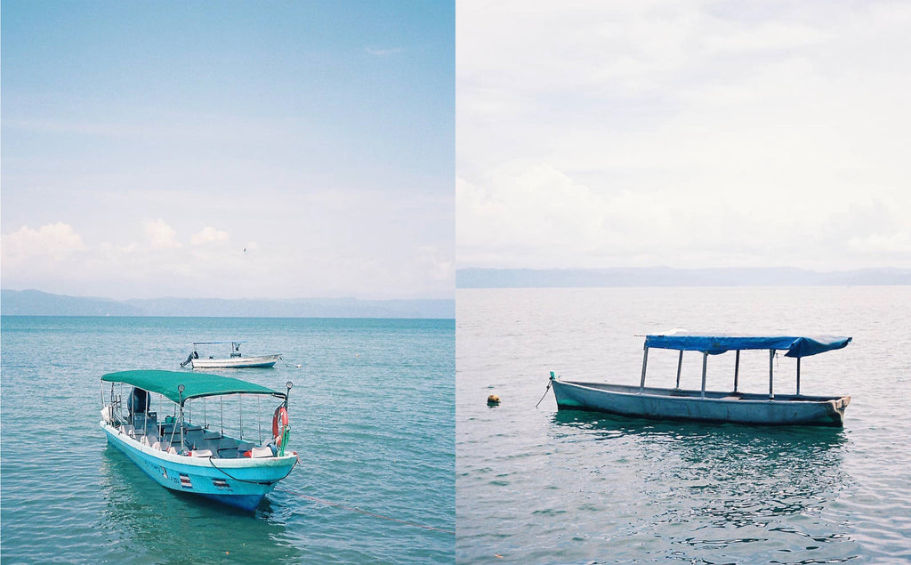 Kodak Portra 400 to the left and Kodak Ultramax to the right, both are pictures of a boat in the ocean